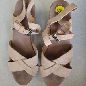 Toms Women's Beige Suede Platform Sandals with Ankle Buckles